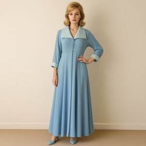 VANITY FAIR 60s Quilted Collar Empire Gown Robe Blue S/M